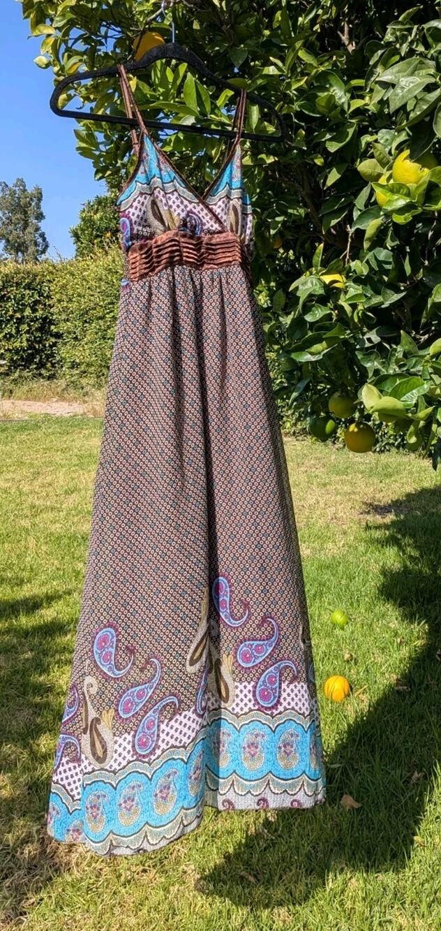 Maxi Dress Bojo Festival Lightweight Med Brown Teal Paisley Smocked Back Dress